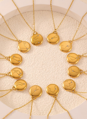 欧美小众百搭气质饰品浮雕星星十二星座设计感圆牌吊坠钛钢项链