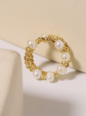 明星同款天然淡水珍珠戒指女素圈镀金开口指环轻奢百搭钢圈戒指