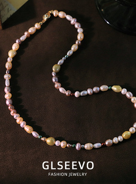 原创天然珍珠彩色巴洛克串珠项链女小众百搭颈链高级感轻奢锁骨链