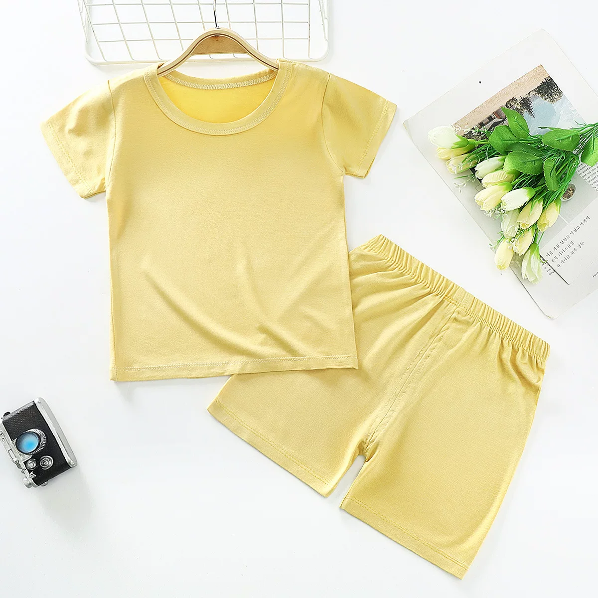 Summer children's solid cotton T-shirt, summer clothing, sleeves, base body-friendly set for boys