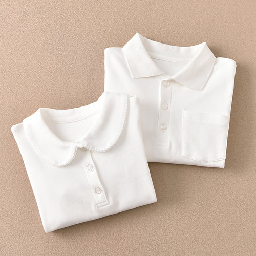 儿童纯色POLO翻领打底衫女童白色校服内搭上衣男童纯棉长袖T衬衫 - 图0