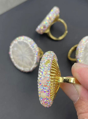 深海珍珠贝壳戒指捷克钻花形显手细轻奢点开口微镶指环高端