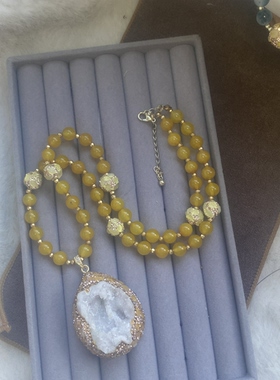 玛瑙晶洞黄水晶捷克钻手工镶嵌晶洞毛衣链聚宝盆造型吊坠项链