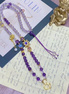 新中式项链紫水晶珠链绳扣万能扣链条中古小众设计可配唐卡吊坠