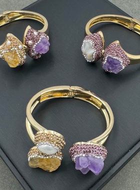 欧美风紫水晶巴洛克珍珠宽手镯小众设计感高级轻奢百搭真皮手环