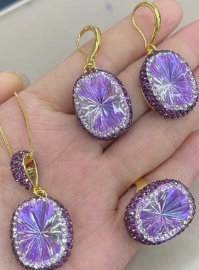 新款紫水晶中古首饰小众耳坠项链耳钉戒指首饰三件套礼盒礼品