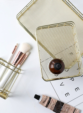北欧轻奢电镀金色金属收纳筐摆件