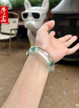 天然冰种飘花翡翠色手镯女款正圈扁条高冰透水沫玉独龙玉镯子礼物