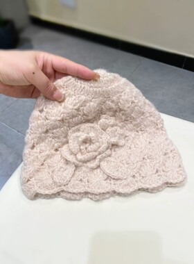 手工钩织立体花朵毛线帽女秋冬新款复古针织包头帽显脸小保暖冷帽