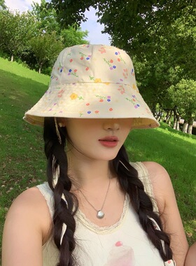 日系可爱甜美碎花双面渔夫帽女夏季大帽檐防晒遮阳帽子显脸小盆帽
