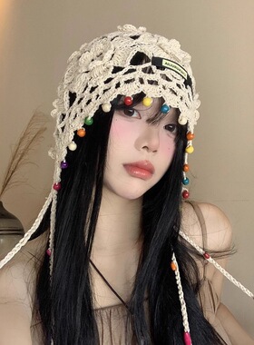 波西米亚花朵流苏镂空针织包头帽