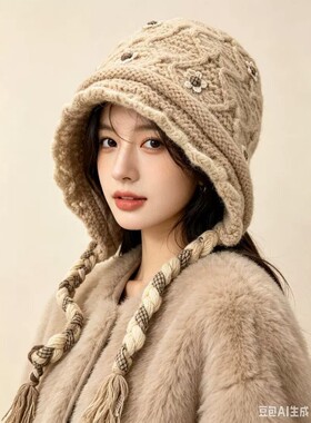 秋冬针织护耳毛线帽女花朵装饰百搭保暖拉法帽显脸小日系氛围感