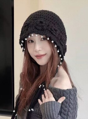 手工钩花珍珠流苏针织帽子女秋冬复古护耳毛线帽保暖显脸小包头帽
