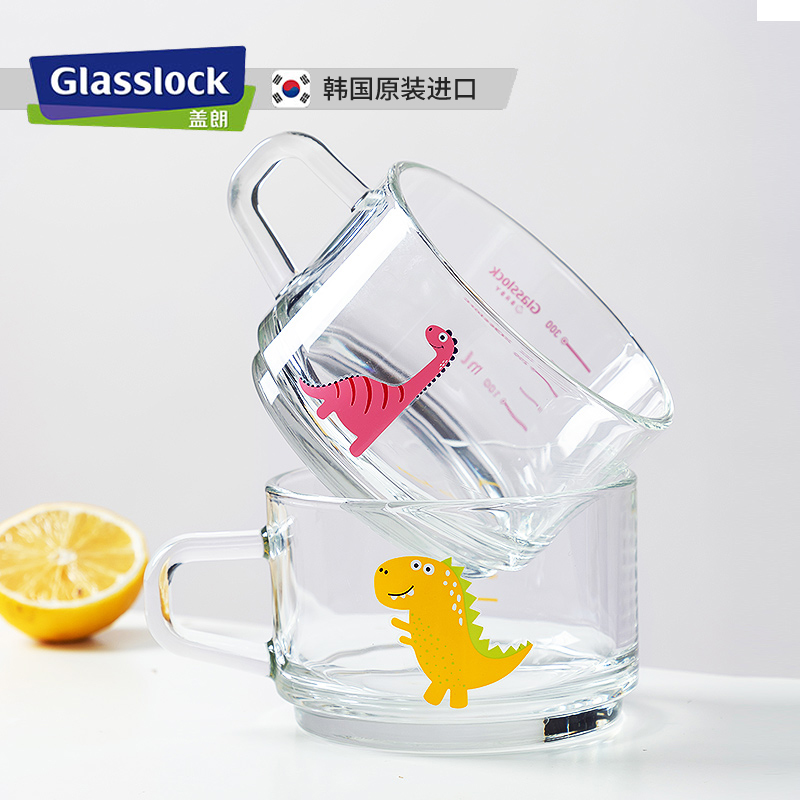 Glasslock玻璃早餐杯可微波卡通恐龙水杯女生燕麦儿童刻度牛奶杯-图3