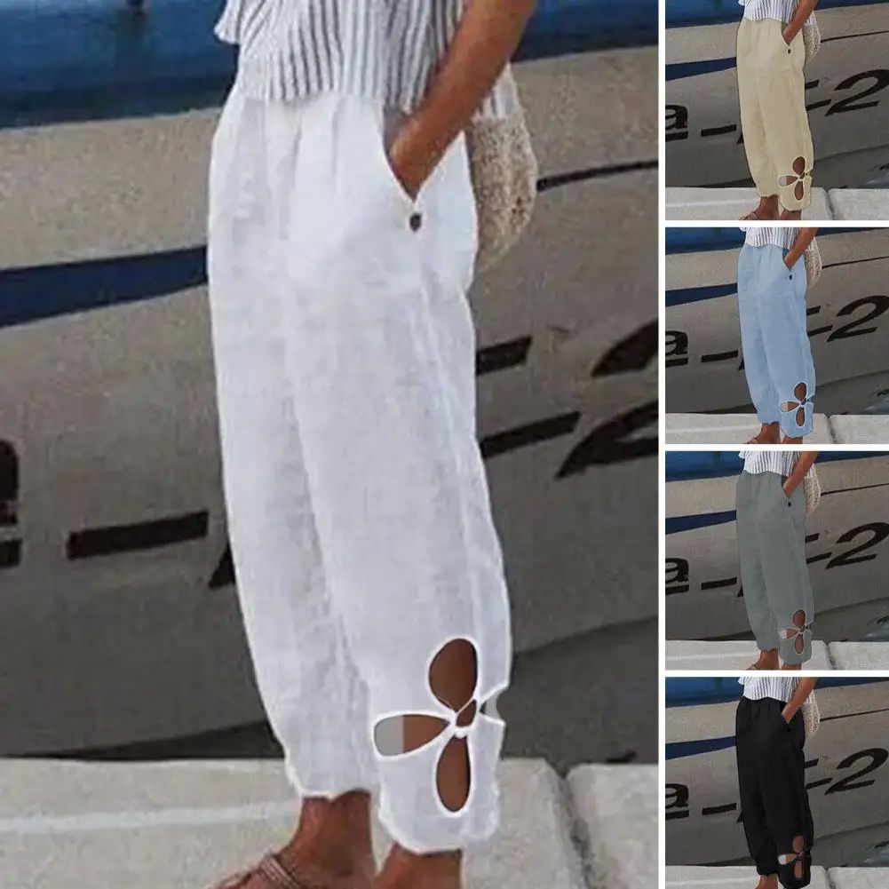 Side pocket hollowed out cotton and linen pant侧袋镂空棉麻裤 - 图0