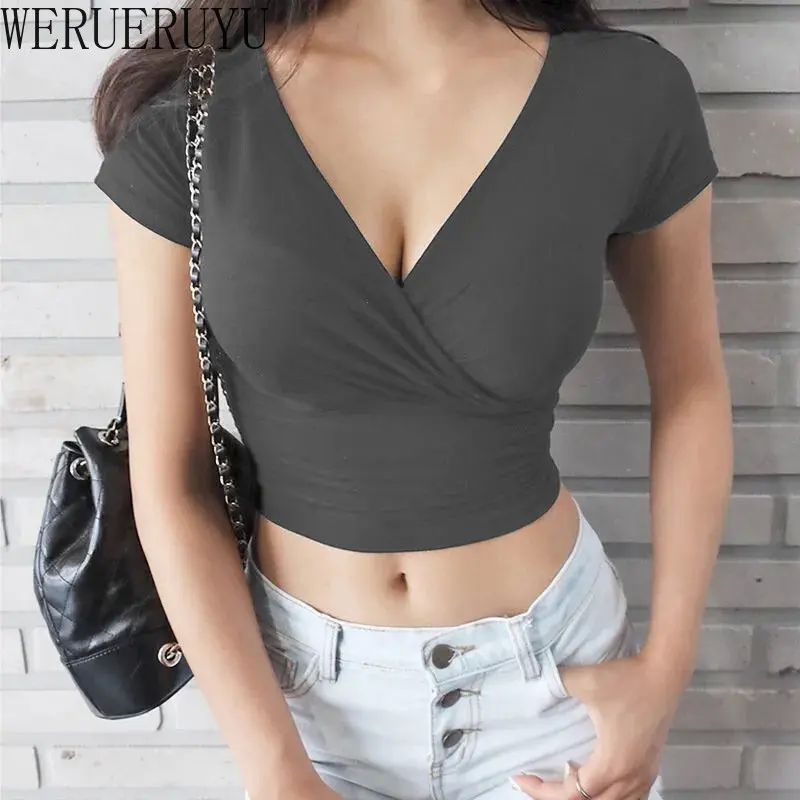 Solid V-neck casual navel exposed T-shirt 纯色V领休闲露脐T恤 - 图2