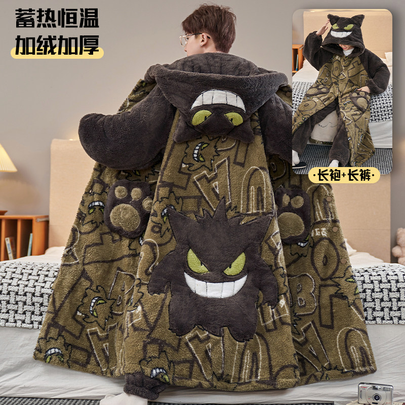 加厚秋冬保暖连帽睡袍男珊瑚绒加绒宽松大码200斤睡衣套装可外穿,淘宝优惠券,粉丝福利购,淘宝优惠卷