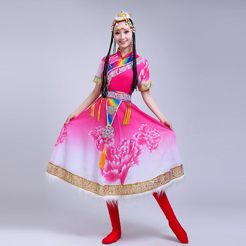 新款藏族演出服装女成人广场舞长裙 哈衣部落民族服装/舞台装