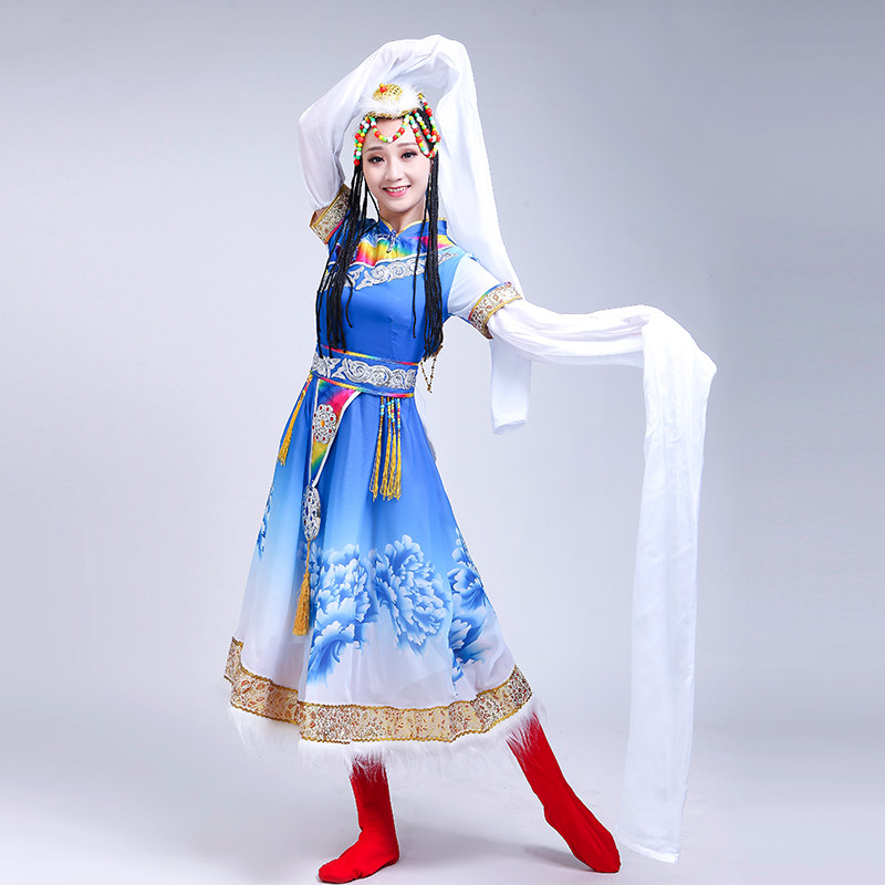 新款藏族演出服装女成人广场舞长裙 哈衣部落民族服装/舞台装