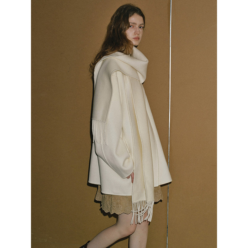 popchrio◆流苏围巾领高支羊毛双面呢大衣小个子短款毛呢外套女冬,淘宝优惠券,粉丝福利购,淘宝优惠卷