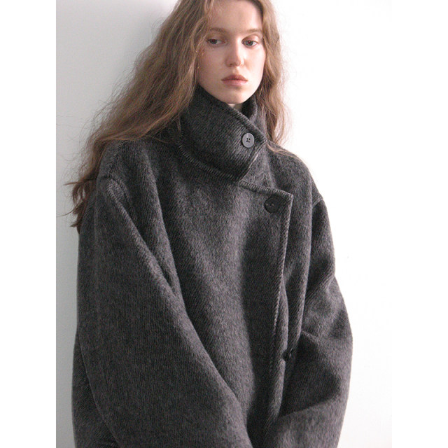 popchrio◆茧型加厚立翻领驼绒羊毛双面呢大衣宽松短款毛呢外套女