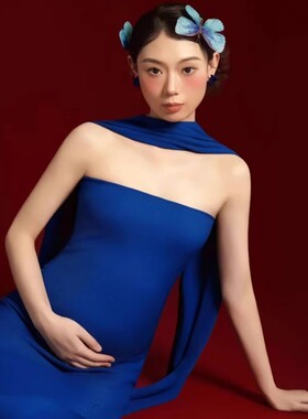 影楼2025新中式孕妇主题中国蓝色简约孕妈咪抹胸大肚写真摄影服装