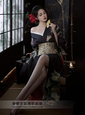 摄影新款黑道千金改良款黑色霸气和服写真服旅拍摄影写真服