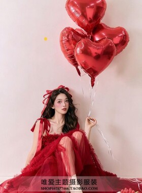 影楼新款红色纱裙少女生日写真甜美氛围俏皮艺术照画报摄影服装