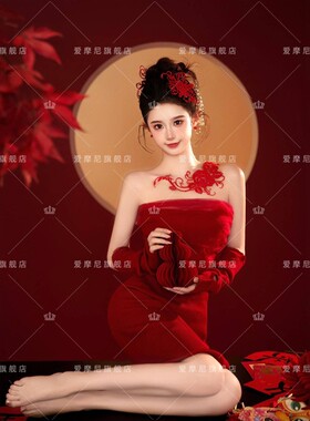 2026新款影楼新年红色氛围感新中式复古中国风旗袍个人写真艺术服
