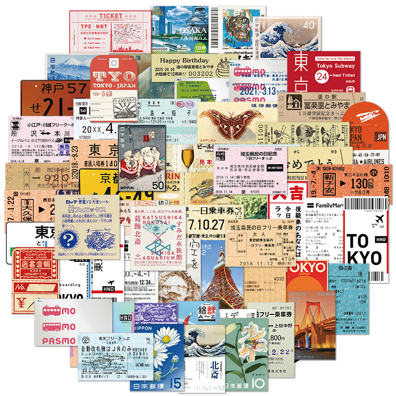 60张日本旅行票据邮票涂鸦贴纸笔记本电脑ipad贴手机水杯封口贴画 - 图3