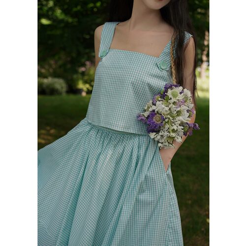 【断码清仓】青的衣服 复古方领套装裙 彩色格纹显瘦高腰大摆裙 - 图1