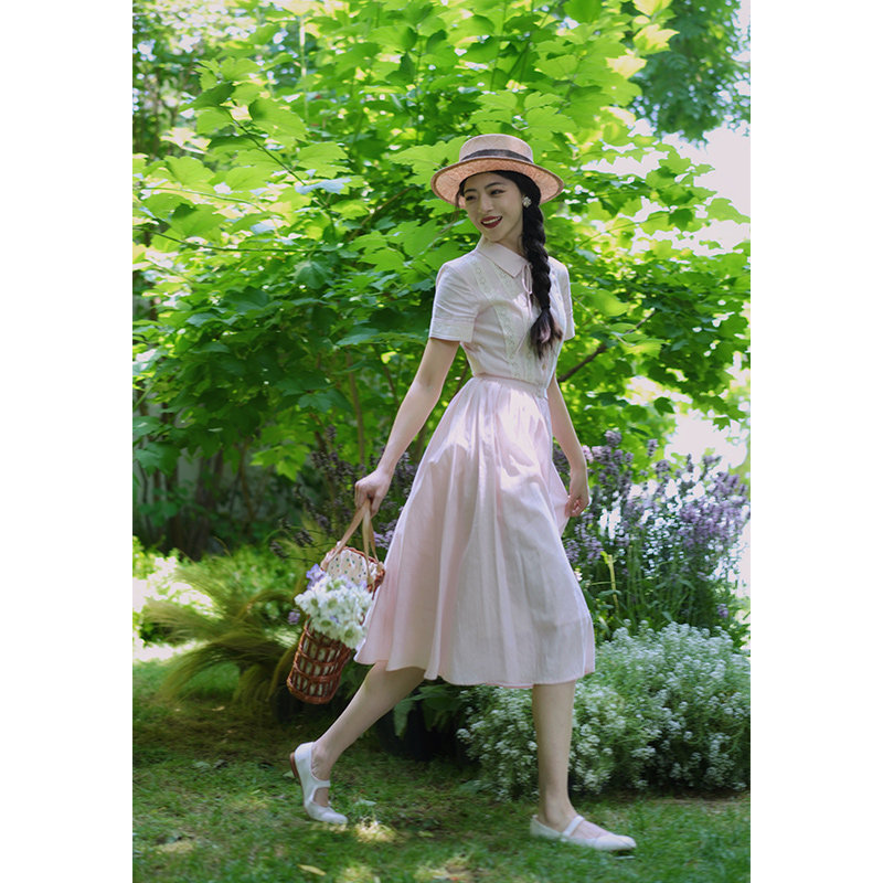 青的衣橱 复古vintage收腰腰带正肩短袖蕾丝连衣裙棉麻赫本风伞裙,淘宝优惠券,粉丝福利购,淘宝优惠卷