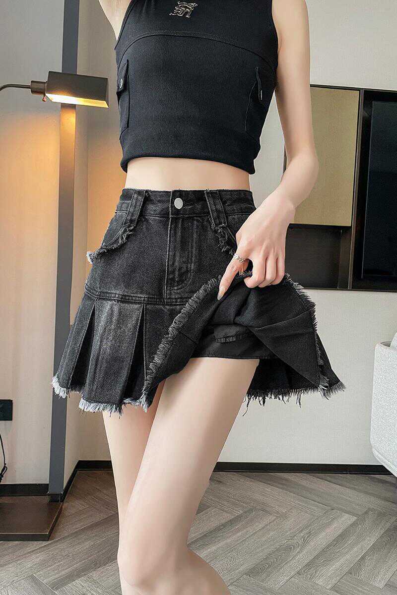 复古辣妹毛边高腰显瘦A字牛仔短裙女2024新款防走光小个子百褶裙