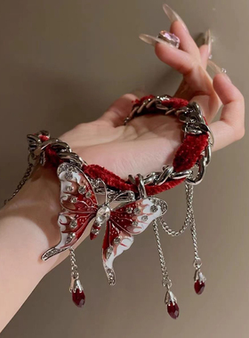 新年红色蝴蝶项圈百搭小众个性夸张流苏项链颈链新款锁骨链choker