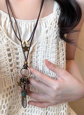 复古羽毛项链民族风复古吊坠配饰锁骨链长款小众秋冬毛衣链配饰潮