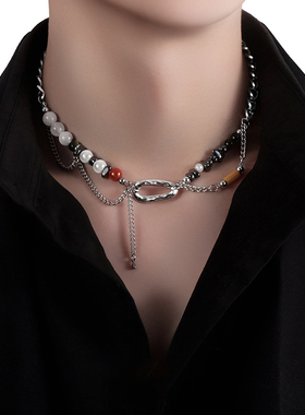 新纪元流苏钛钢拼接黑曜石项链