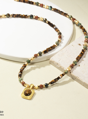 kevkev正品天然虎眼石方糖吊坠串珠项链复古夏日度假风七夕礼物女