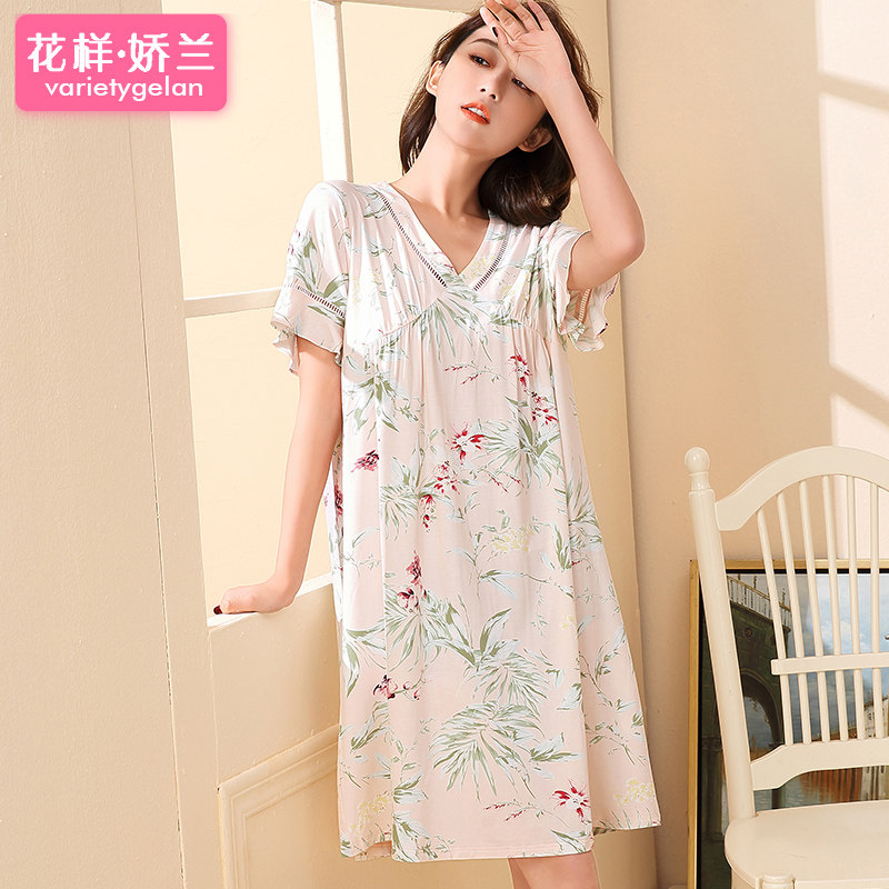 新款甜美短袖夏季印花睡衣裙中短裙 花样娇兰睡裙
