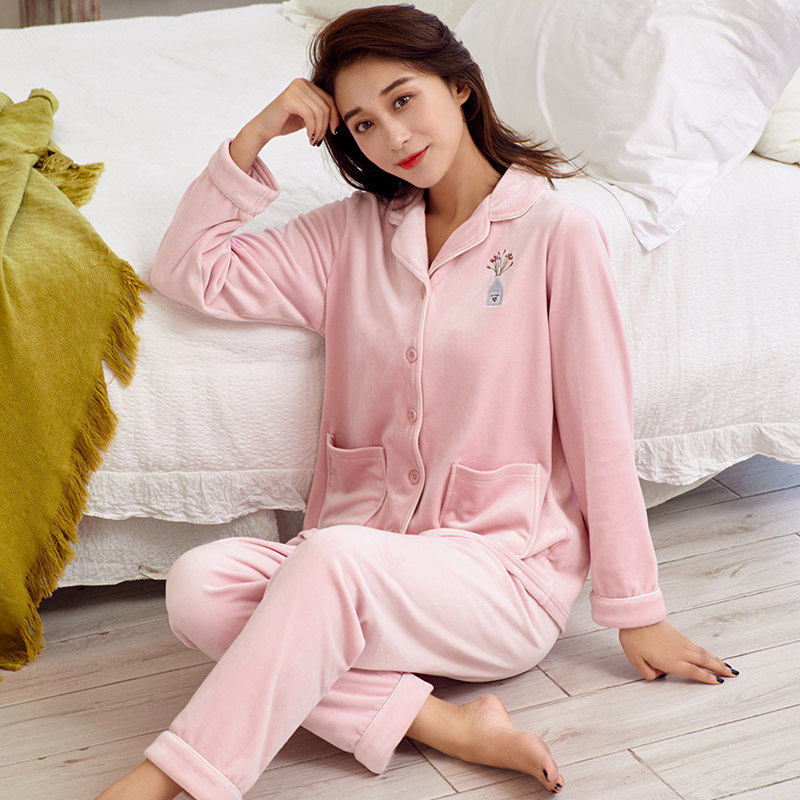 秋冬开衫长袖套装珊瑚绒海岛绒睡衣 花样娇兰睡衣/家居服套装