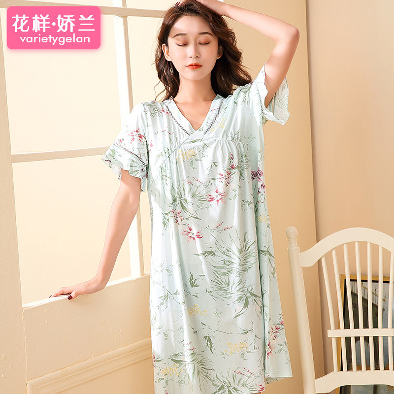 新款甜美短袖夏季印花睡衣裙中短裙 花样娇兰睡裙