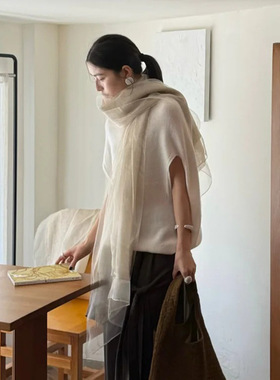 新款 日本双层欧根纱丝巾女夏薄款防晒文艺棉麻围巾亚麻透明纱巾