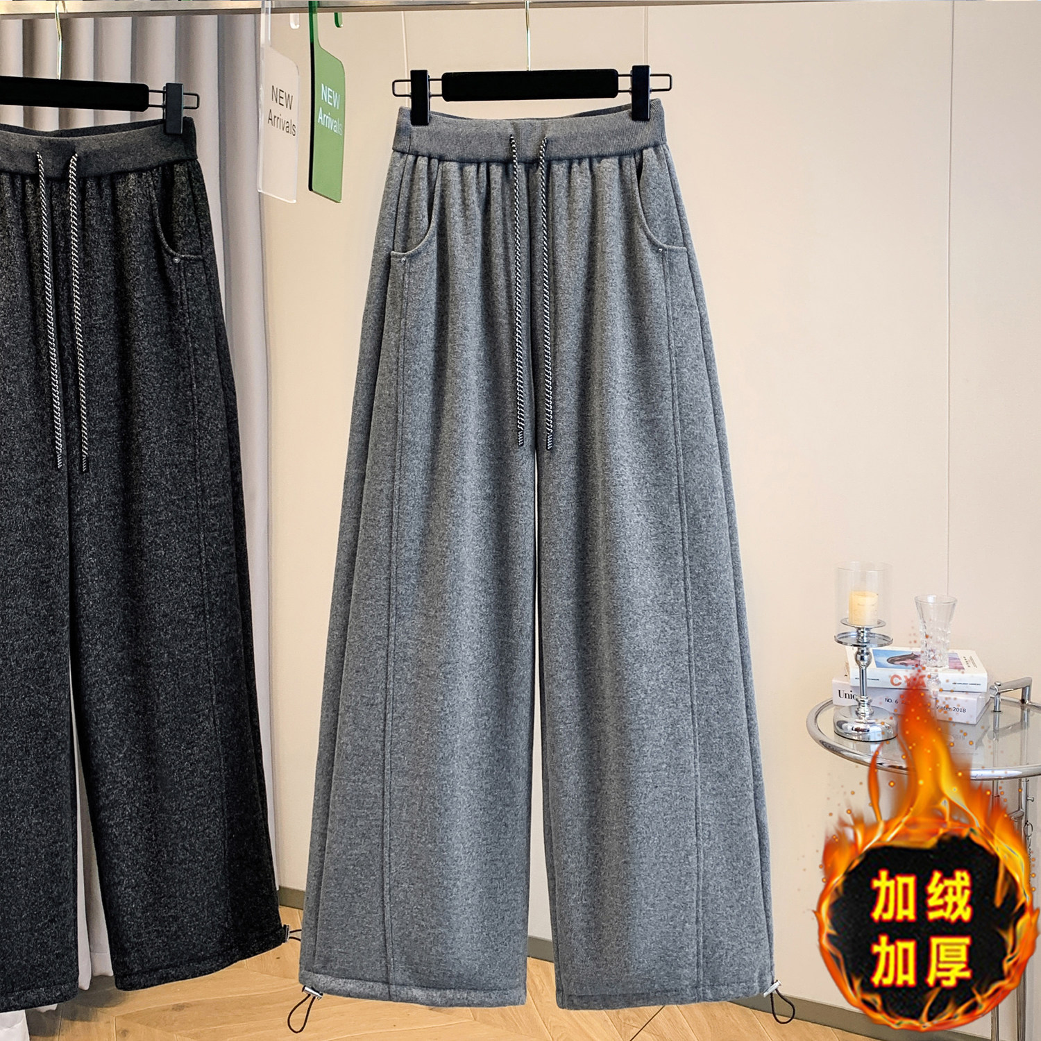 山东即墨加绒羊绒糯米阔腿裤女秋冬休闲香蕉裤抽绳两穿束脚卫裤子,淘宝优惠券,粉丝福利购,淘宝优惠卷