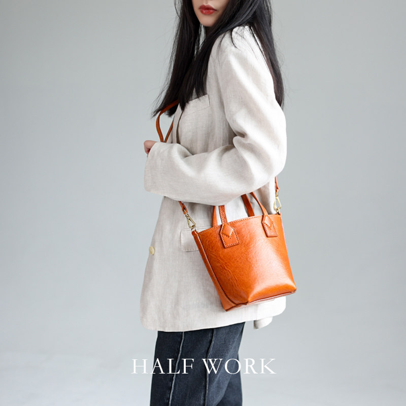 HALF WORK 头层牛皮水桶包女真皮复古手提包简约手工单肩斜挎包包,淘宝优惠券,粉丝福利购,淘宝优惠卷