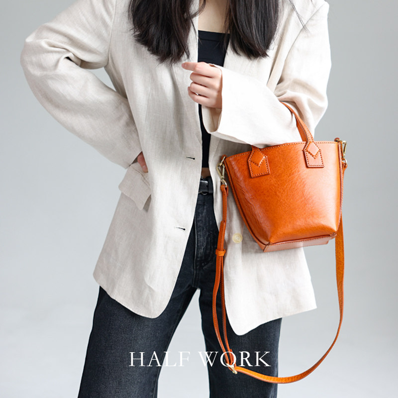 HALF WORK 头层牛皮水桶包女真皮复古手提包简约手工单肩斜挎包包,淘宝优惠券,粉丝福利购,淘宝优惠卷