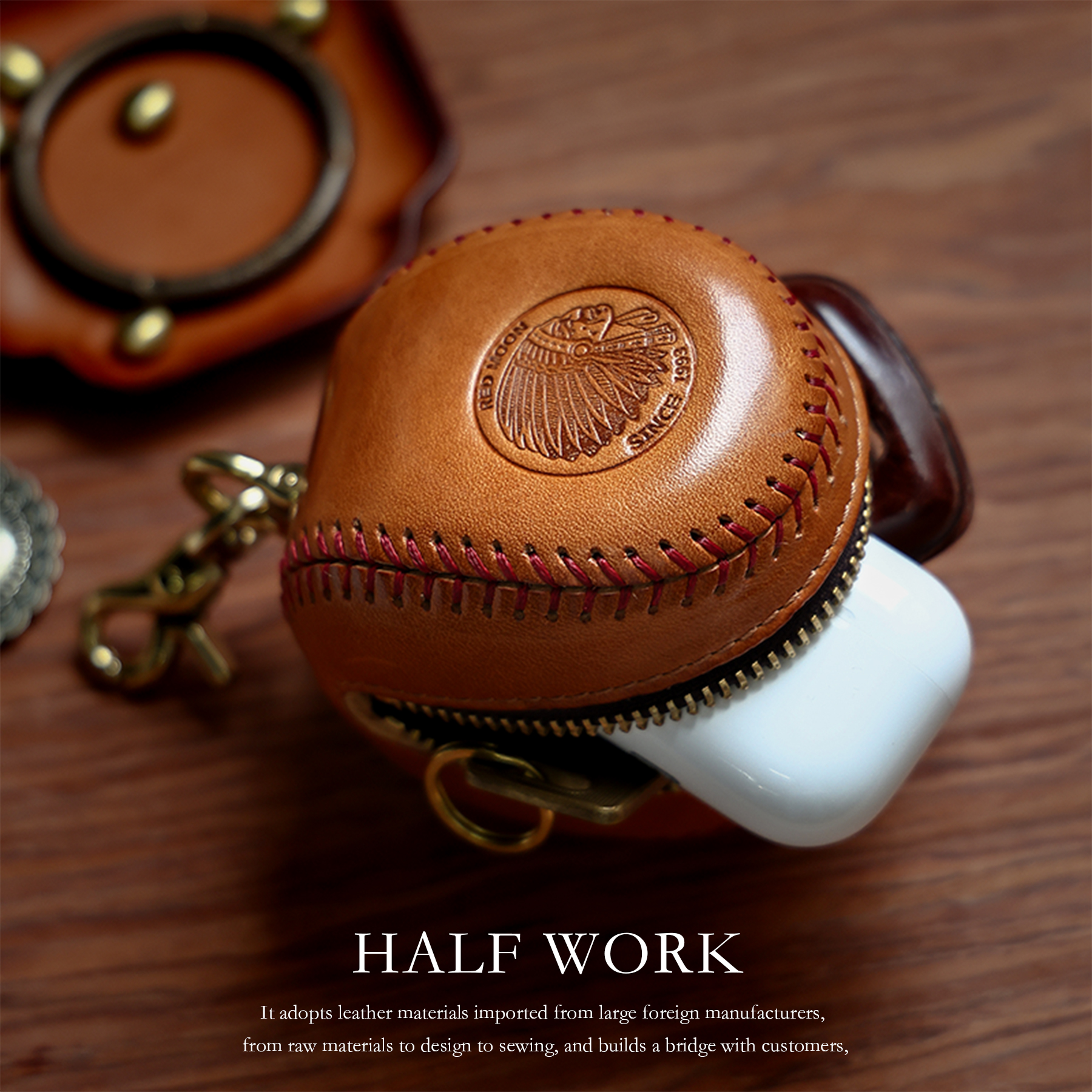 HALF WORK 纯手工缝线复古棒球包真皮钥匙包头层牛皮耳机包零钱包