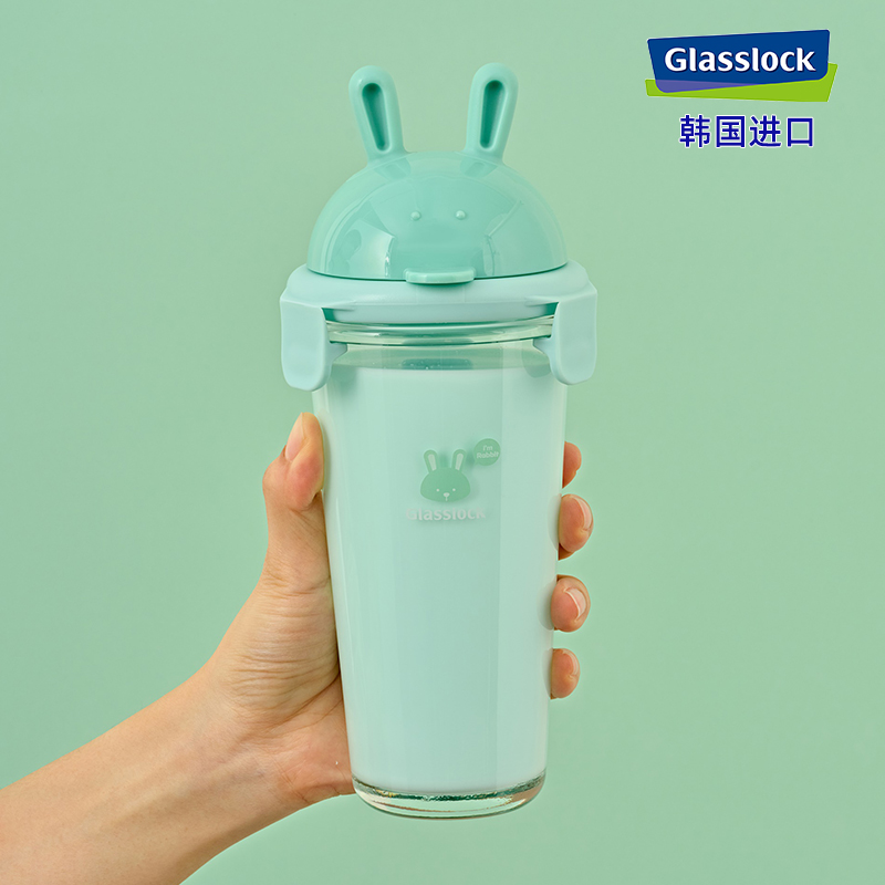 glasslock进口耐热钢化玻璃杯子可爱女卡通水杯刻度牛奶杯早餐杯
