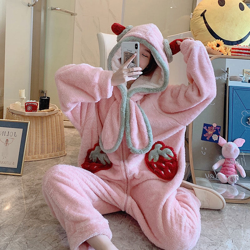 连体秋冬季加绒毛茸茸可爱冬天睡衣 暖金博睡衣/家居服套装