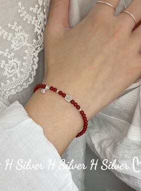 s925银原创招财猫红玛瑙手链小众设计可爱手链简约百搭ins银手链