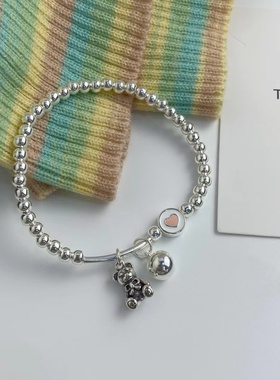 S925银简约小众小熊爱心手链