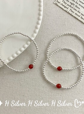 纯银s999银珠子红黑玛瑙转运男女情侣百搭款送礼物豆豆足银手链